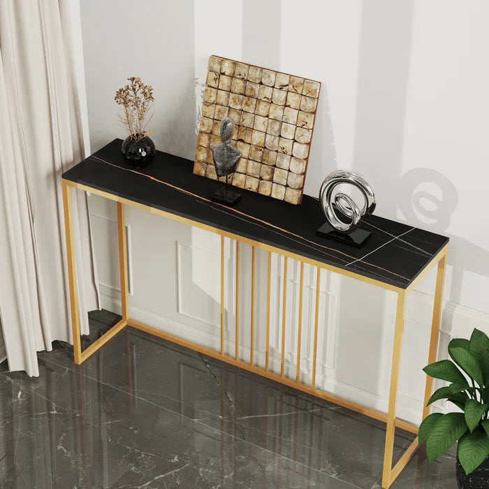 Golden Metallic Rectangular Shaped Marble Designer Console Table
