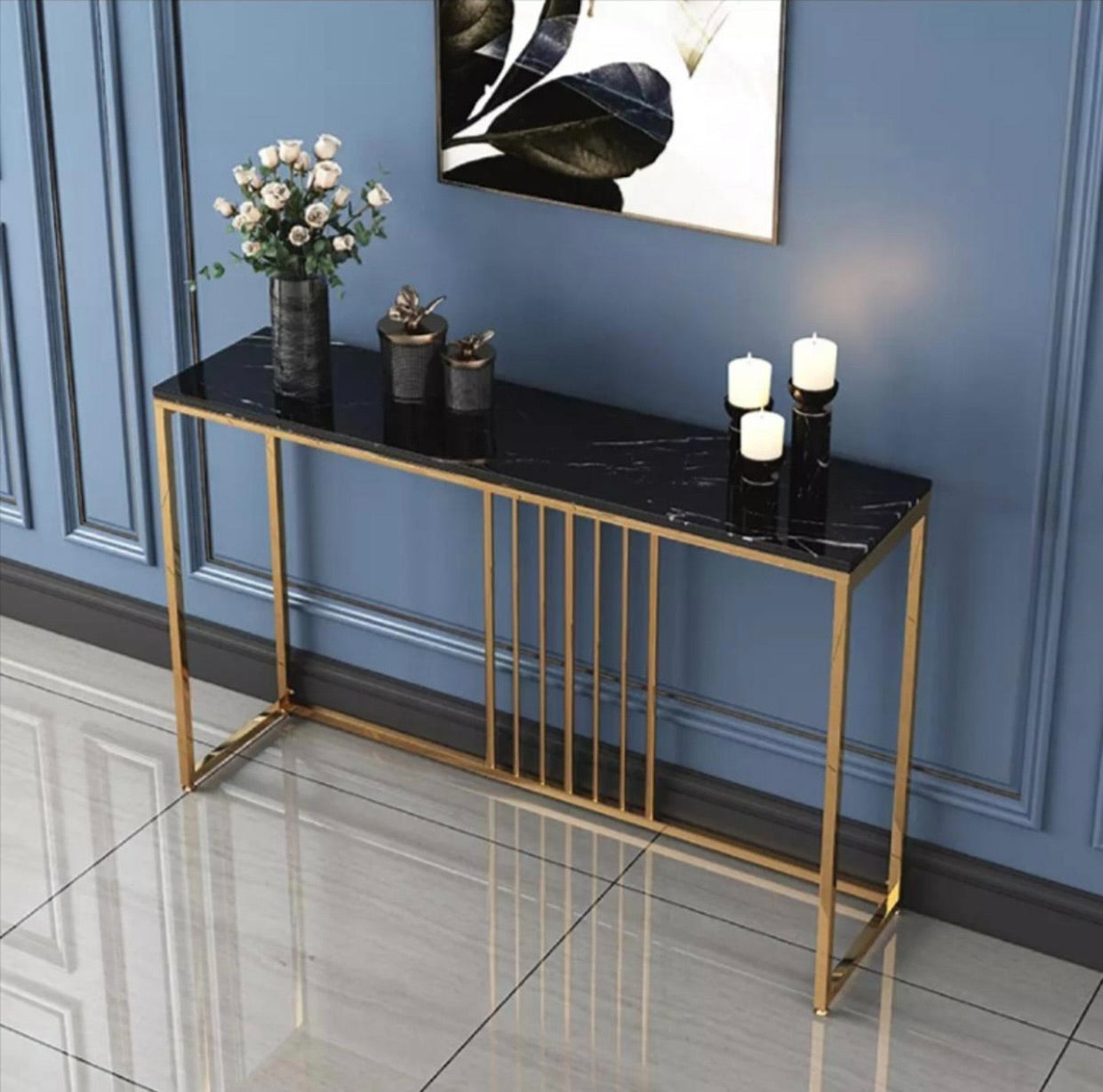 Golden Metallic Rectangular Shaped Marble Designer Console Table