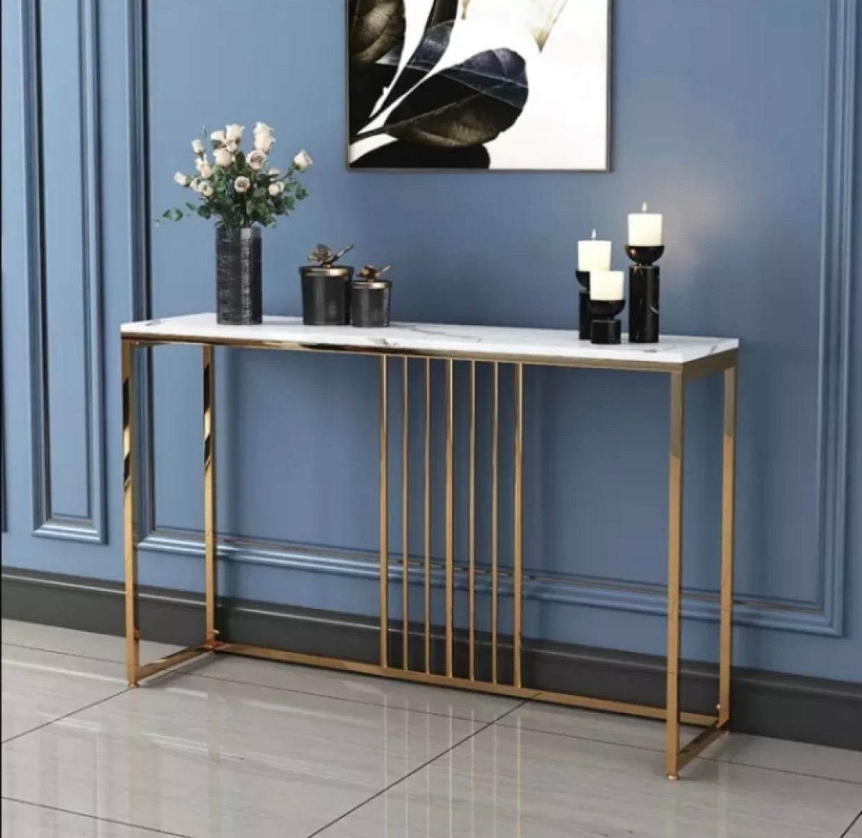 Golden Metallic Rectangular Shaped Marble Designer Console Table