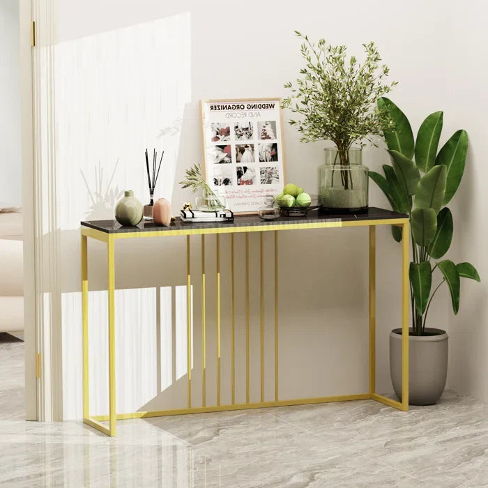 Golden Metallic Rectangular Shaped Marble Designer Console Table