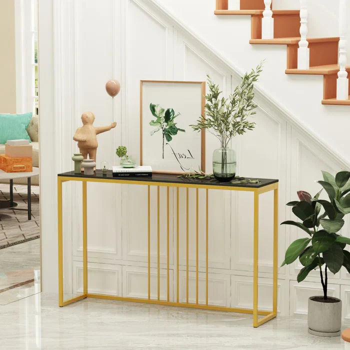 Golden Metallic Rectangular Shaped Marble Designer Console Table