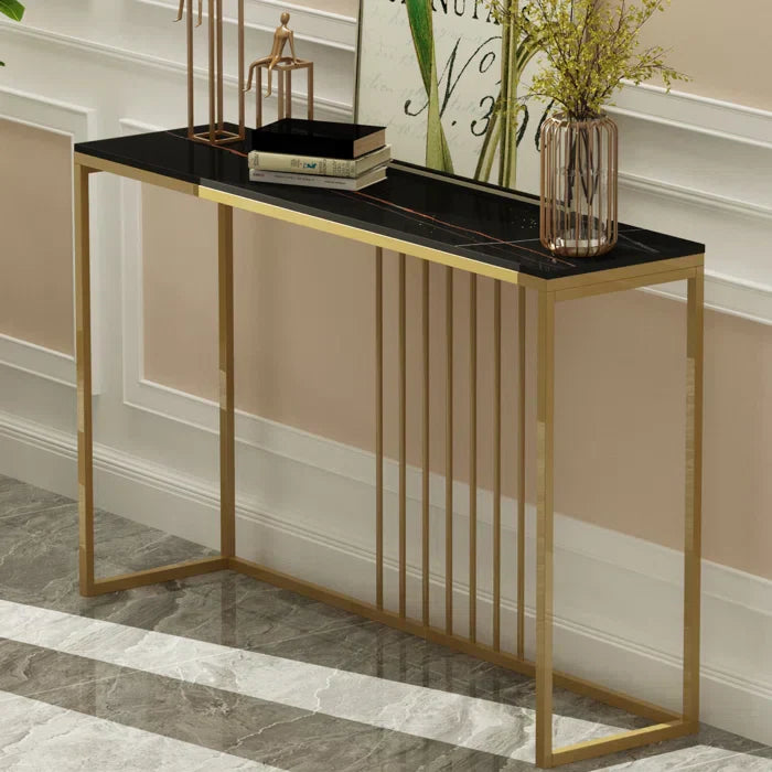 Golden Metallic Rectangular Shaped Marble Designer Console Table