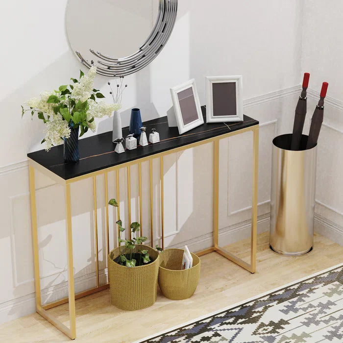 Golden Metallic Rectangular Shaped Marble Designer Console Table