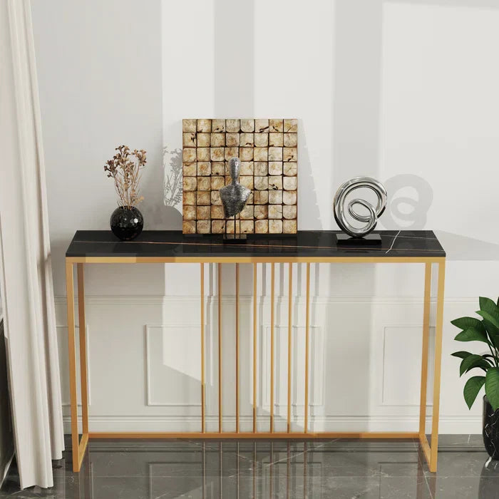 Golden Metallic Rectangular Shaped Marble Designer Console Table