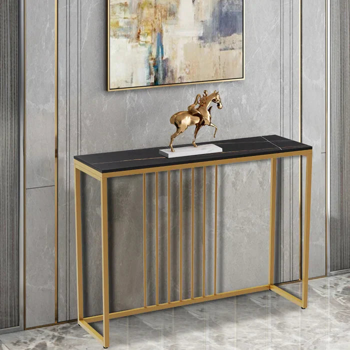 Golden Metallic Rectangular Shaped Marble Designer Console Table