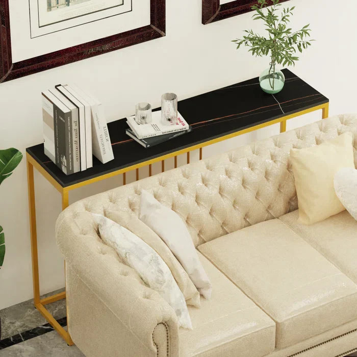 Golden Metallic Rectangular Shaped Marble Designer Console Table